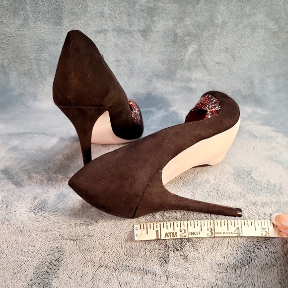 👠🖤🔥NEW Just Fab Suede Woven Black Red & White High Heels Sz 9 - Picture 7 of 14